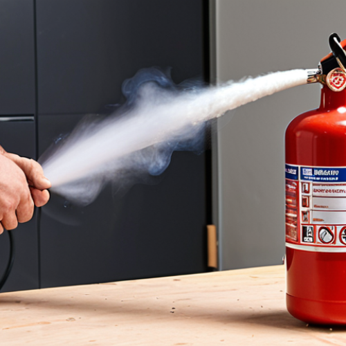 Home 11 **Fire Safety Basics:** A technician demonstrating the correct use of a portable fire extinguisher during a small workshop fire. (Focus on clarity and safety procedures)