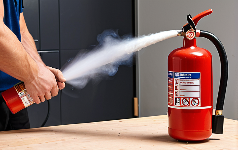 **Fire Safety Basics:** A technician demonstrating the correct use of a portable fire extinguisher during a small workshop fire. (Focus on clarity and safety procedures)