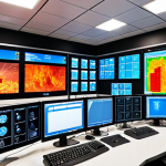 ** A modern fire safety control room with advanced technology, featuring thermal imaging cameras, smart sensors displaying real-time data, and big data analytics dashboards. The room is staffed with trained professionals monitoring the systems.

**