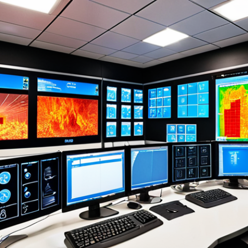Home 6 ** A modern fire safety control room with advanced technology, featuring thermal imaging cameras, smart sensors displaying real-time data, and big data analytics dashboards. The room is staffed with trained professionals monitoring the systems.
**