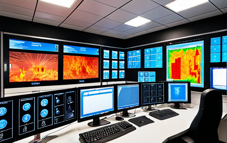 ** A modern fire safety control room with advanced technology, featuring thermal imaging cameras, smart sensors displaying real-time data, and big data analytics dashboards. The room is staffed with trained professionals monitoring the systems.
**