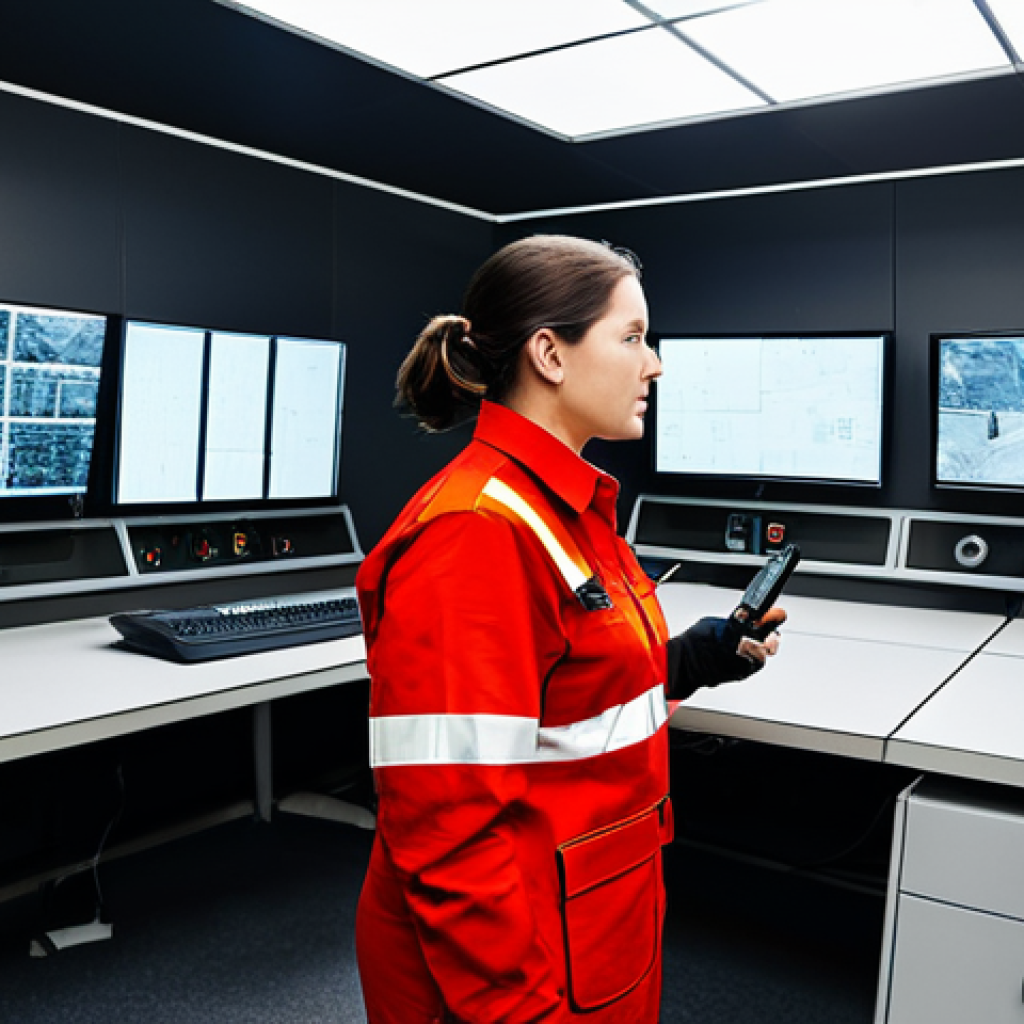 A professional, diverse team of male and female fire safety technicians in clean, modern uniforms, meticulously monitoring digital displays showing drone footage and thermal camera data in a high-tech fire safety control room. The scene emphasizes their collaborative problem-solving and expertise with advanced detection systems. The environment is clean and well-lit, representing a safe and efficient operation. Fully clothed, appropriate attire, modest, safe for work, perfect anatomy, correct proportions, natural pose, well-formed hands, proper finger count, natural body proportions, professional photography, high quality, appropriate content.