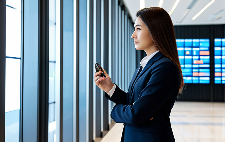 A professional female engineer in a modest business suit, standing in a sleek, modern smart building lobby. The scene subtly showcases integrated fire safety technology, with glowing wall panels displaying real-time data from IoT sensors monitoring environmental factors. The focus is on the building's advanced, interconnected safety infrastructure. The atmosphere is calm and secure, emphasizing proactive prevention. safe for work, appropriate content, fully clothed, professional, perfect anatomy, correct proportions, natural pose, well-formed hands, proper finger count, natural body proportions, high quality, sophisticated architecture.