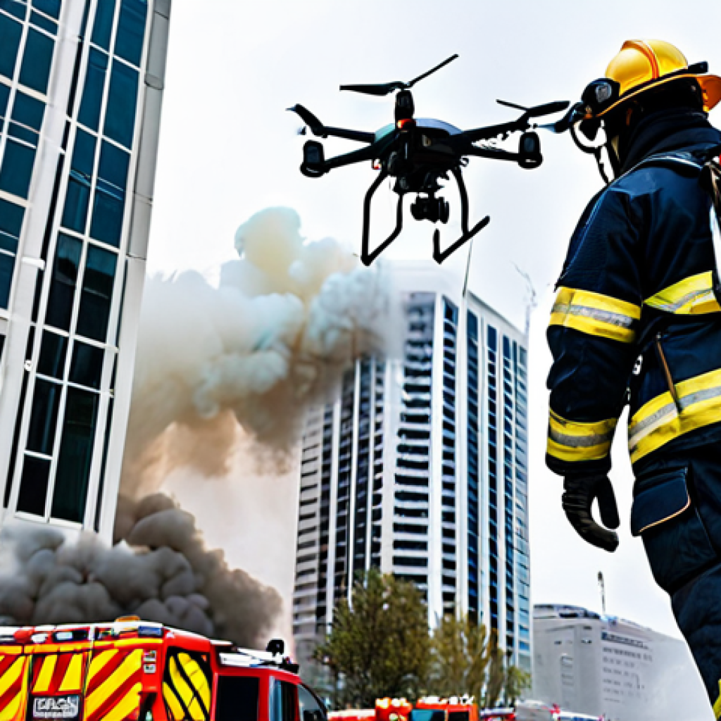 A professional firefighting team, fully clothed in fire-resistant uniforms and appropriate safety gear, actively managing a simulated incident in a modern, densely packed urban environment. Smoke is subtly visible from a high-rise building in the background, implying a controlled, safe for work scenario. Advanced fire safety drones are visible hovering above, and a fire suppression robot is positioned on the street level. The scene emphasizes innovation in urban fire management. This image is appropriate content, fully clothed, professional, with perfect anatomy, correct proportions, natural pose, well-formed hands, proper finger count, and natural body proportions.