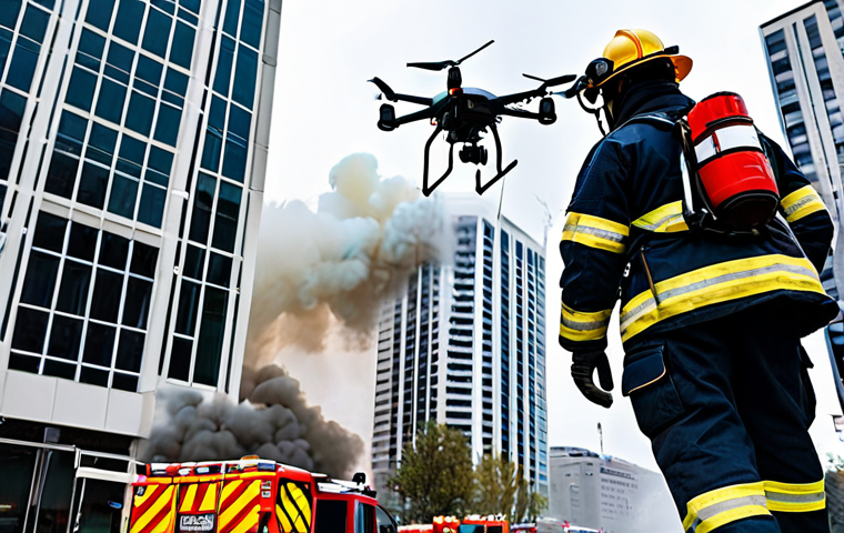 A professional firefighting team, fully clothed in fire-resistant uniforms and appropriate safety gear, actively managing a simulated incident in a modern, densely packed urban environment. Smoke is subtly visible from a high-rise building in the background, implying a controlled, safe for work scenario. Advanced fire safety drones are visible hovering above, and a fire suppression robot is positioned on the street level. The scene emphasizes innovation in urban fire management. This image is appropriate content, fully clothed, professional, with perfect anatomy, correct proportions, natural pose, well-formed hands, proper finger count, and natural body proportions.