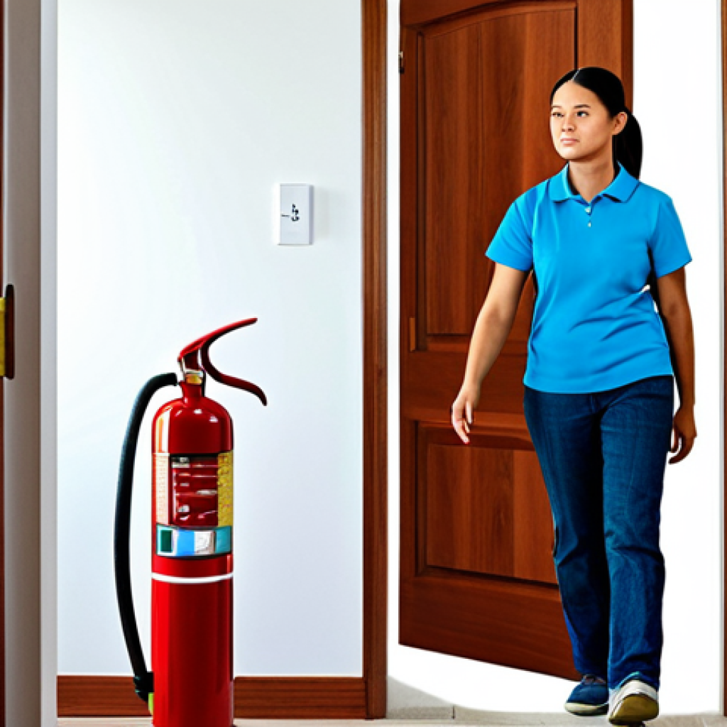 Fire Safety Awareness in a Home**
* **Subject:** A family in a modest, well-lit home, practicing a fire drill. Parents are guiding children towards a clearly marked exit. A smoke detector is visible in the background.
* **Clothing:** Family members are fully clothed in everyday, appropriate attire.
* **Environment:** Interior of a clean, tidy home with visible safety features like a fire extinguisher and escape plan posted on the wall.
* **Modifiers:** Safe for work, appropriate content, family-friendly, fully clothed, perfect anatomy, natural proportions, educational illustration.
**