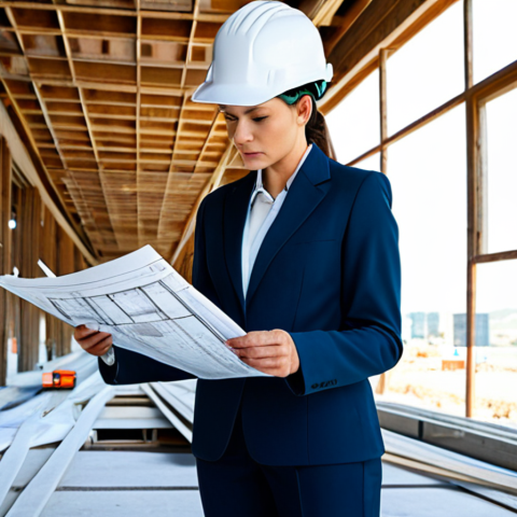 **
"A professional female architect in a modest pantsuit, reviewing blueprints on a construction site, wearing a hard hat, fully clothed, appropriate attire, safe for work, perfect anatomy, natural proportions, architectural photography, clear details, family-friendly."
**