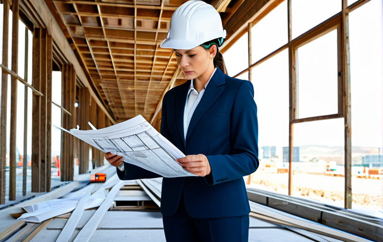 **
"A professional female architect in a modest pantsuit, reviewing blueprints on a construction site, wearing a hard hat, fully clothed, appropriate attire, safe for work, perfect anatomy, natural proportions, architectural photography, clear details, family-friendly."
**