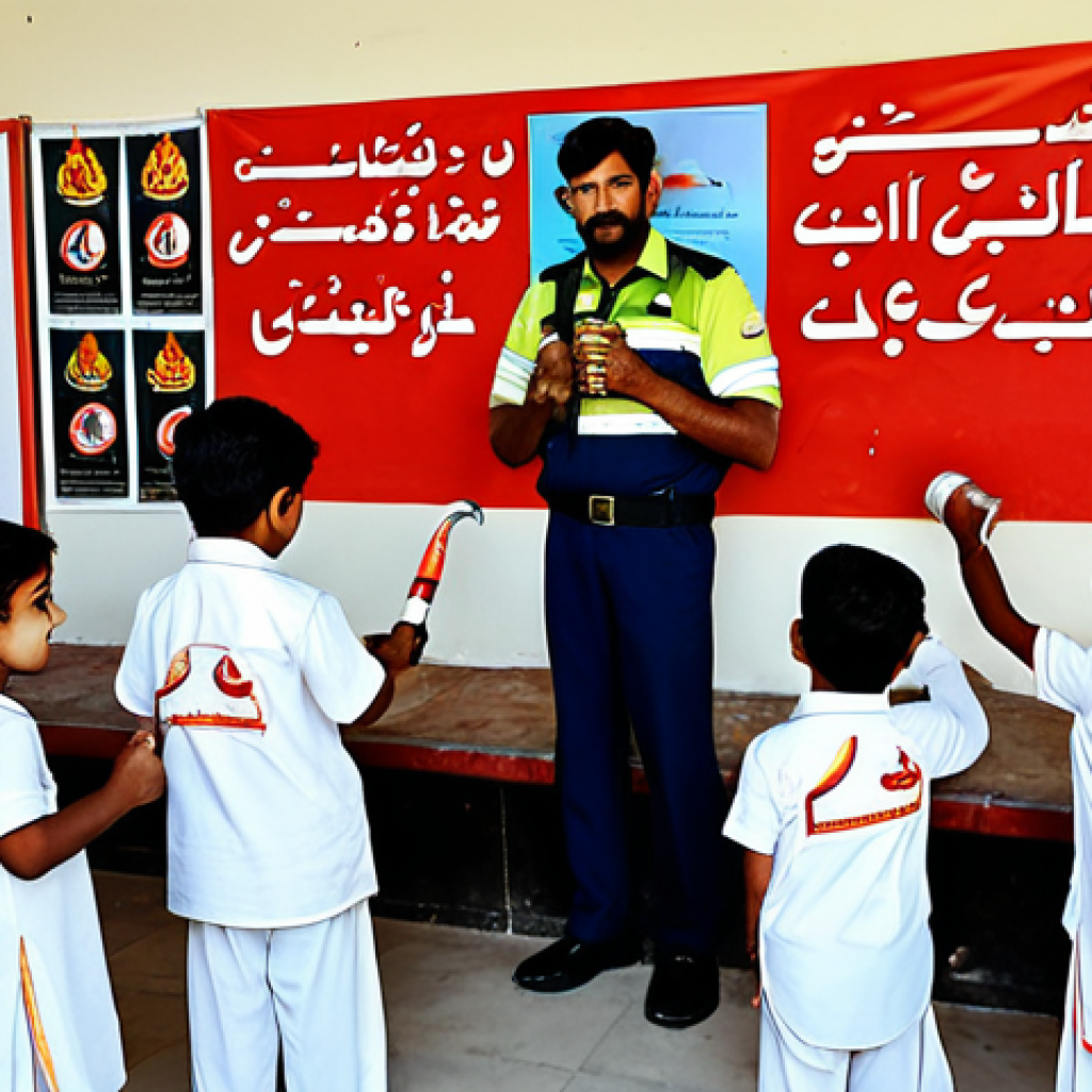 Community Fire Safety Awareness Campaign**
"A vibrant scene at a local community center in Karachi, Pakistan. People of all ages are gathered around a fire safety demonstration. A uniformed firefighter, fully clothed and in professional attire, is teaching children how to use a fire extinguisher. Colorful posters with Urdu script about fire safety are displayed on the walls. Family-friendly environment, appropriate content, safe for work, perfect anatomy, natural proportions, high quality."
**