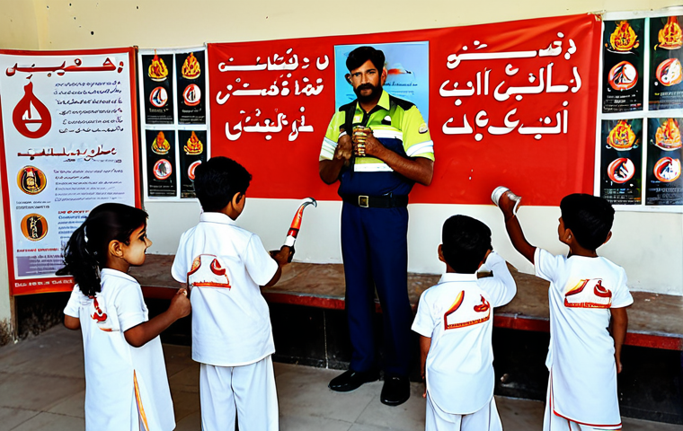 Community Fire Safety Awareness Campaign**
"A vibrant scene at a local community center in Karachi, Pakistan. People of all ages are gathered around a fire safety demonstration. A uniformed firefighter, fully clothed and in professional attire, is teaching children how to use a fire extinguisher. Colorful posters with Urdu script about fire safety are displayed on the walls. Family-friendly environment, appropriate content, safe for work, perfect anatomy, natural proportions, high quality."
**
