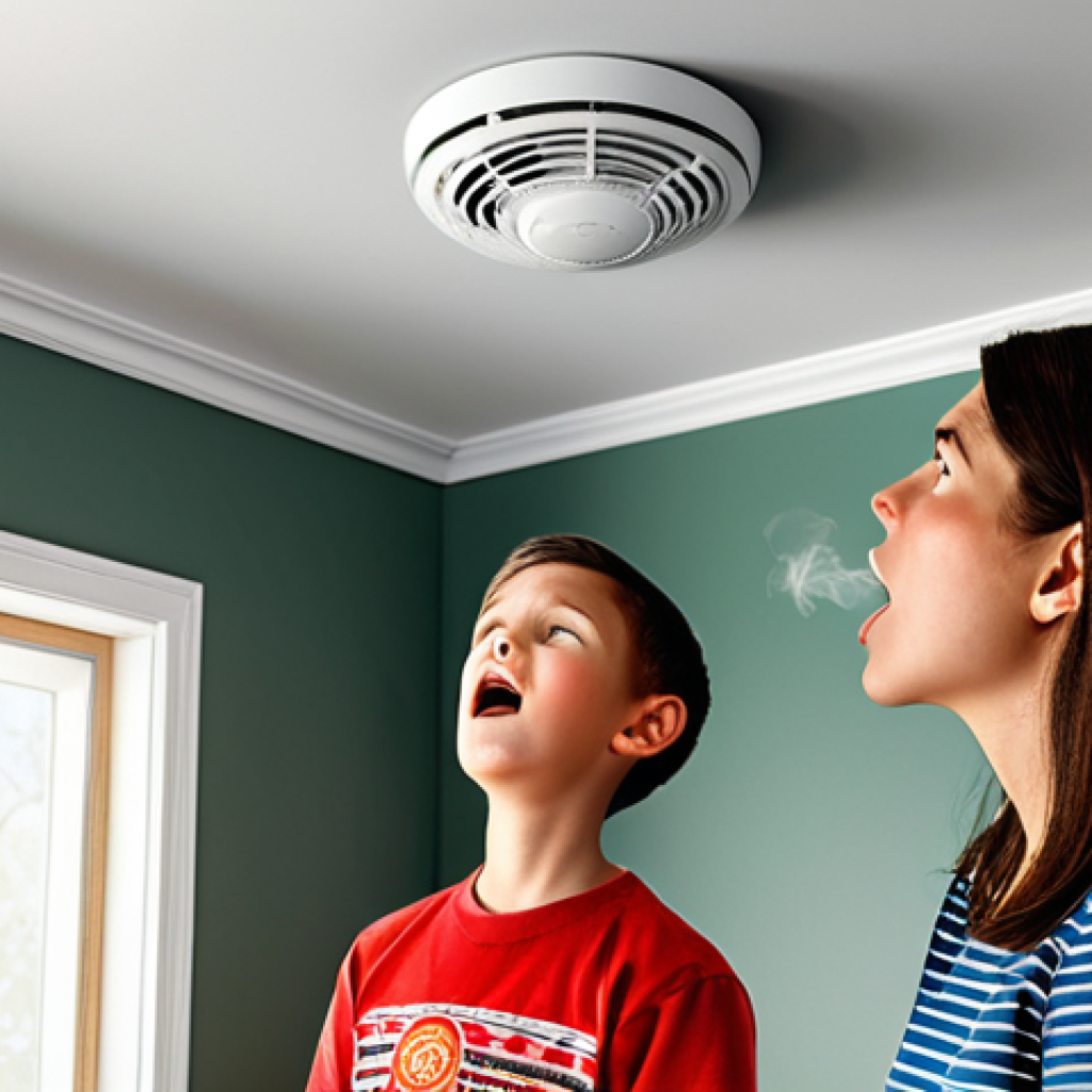 Smoke Detector Importance**
"A family-friendly illustration showcasing a smoke detector installed in a modest home, emitting a bright light and sounding an alarm, fully clothed family members reacting calmly. Safe for work, appropriate content, perfect anatomy, natural proportions, demonstrating fire safety awareness, professional illustration, high quality."
**