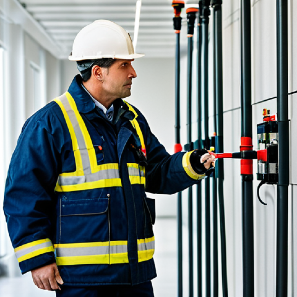 ** A fire safety engineer in a fully clothed professional outfit, inspecting a building's sprinkler system. Background: a modern commercial building interior. Focus on the engineer's focused expression and the complex piping. Quality modifiers: professional photography, sharp focus, perfect anatomy, appropriate attire, safe for work, family-friendly.
**