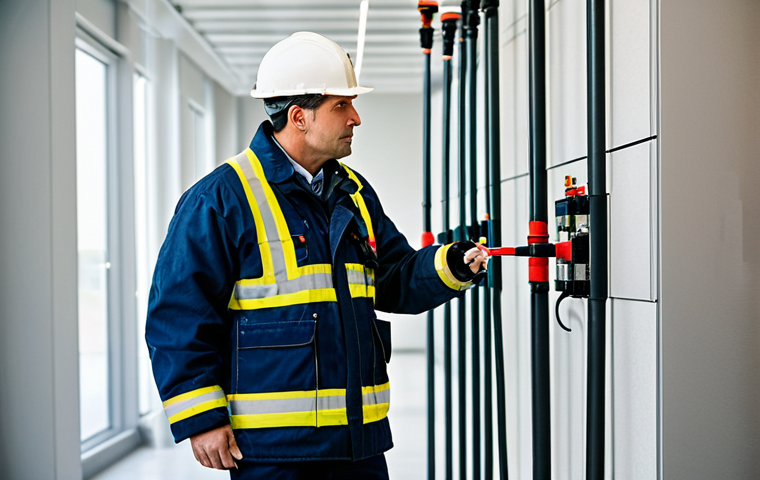 ** A fire safety engineer in a fully clothed professional outfit, inspecting a building's sprinkler system. Background: a modern commercial building interior. Focus on the engineer's focused expression and the complex piping. Quality modifiers: professional photography, sharp focus, perfect anatomy, appropriate attire, safe for work, family-friendly.
**