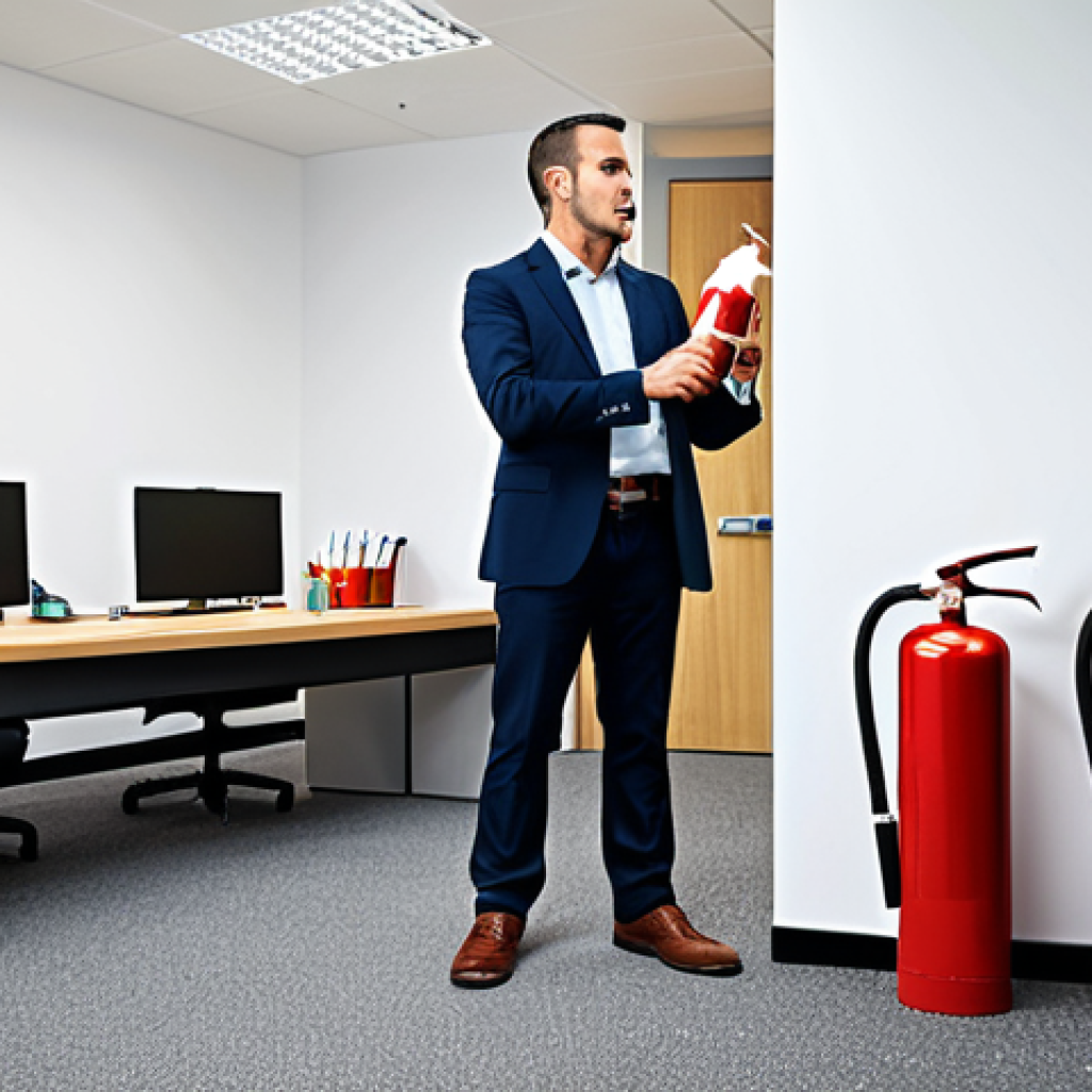Fire Safety Training Session**
"A professional fire safety technician conducting a training session for office staff, fully clothed in business casual attire, demonstrating the use of a fire extinguisher in a modern office setting, appropriate content, safe for work, perfect anatomy, correct proportions, well-lit, professional training environment, family-friendly."
**