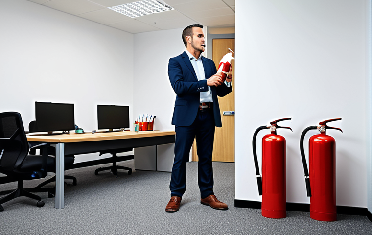 Fire Safety Training Session**
"A professional fire safety technician conducting a training session for office staff, fully clothed in business casual attire, demonstrating the use of a fire extinguisher in a modern office setting, appropriate content, safe for work, perfect anatomy, correct proportions, well-lit, professional training environment, family-friendly."
**