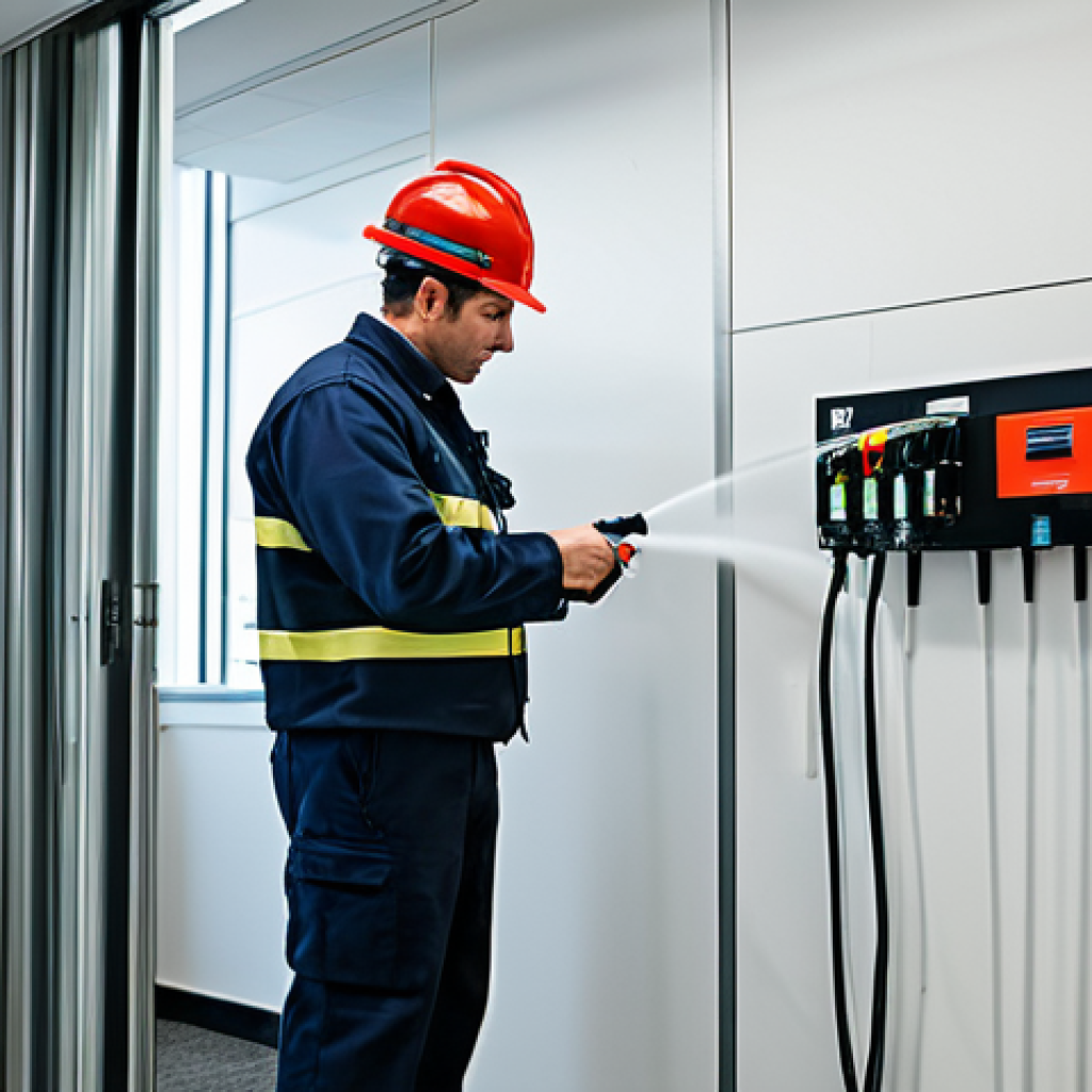 화재안전관리기술자의 주요 직무 분석 및 개선 - ** A fire safety inspector in appropriate work attire examining a sprinkler system in a modern offic...