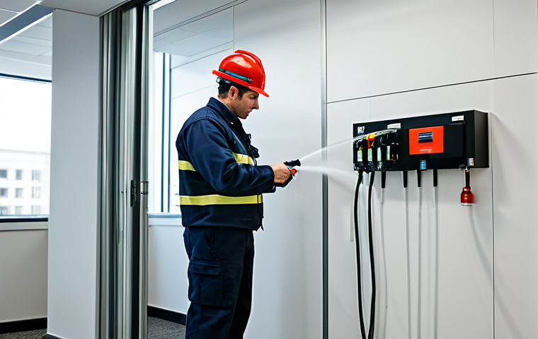 화재안전관리기술자의 주요 직무 분석 및 개선 - ** A fire safety inspector in appropriate work attire examining a sprinkler system in a modern offic...