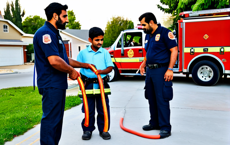 화재안전관리 실무에서의 팀워크 사례 - **Image:** A team of firefighters, fully clothed in their gear, reviewing a building's blueprints an... 화재안전관리 실무에서의 팀워크 사례 - **Image:** A team of firefighters, fully clothed in their gear, reviewing a building's blueprints an...