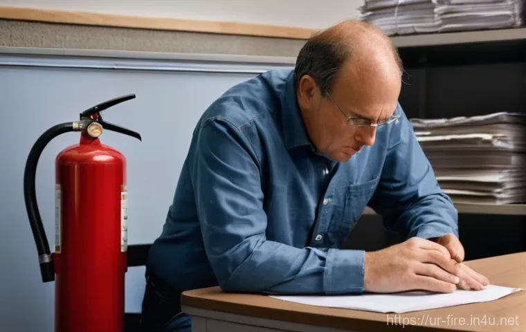 화재안전관리 직무에서 자주 발생하는 실수 - Image Prompt 1: Neglected Fire Extinguisher in a Risky Situation**