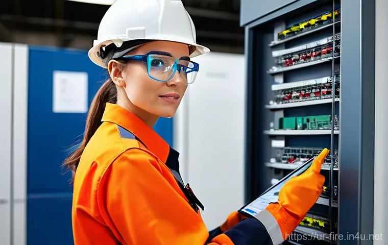 화재안전관리 기술자의 시험 준비 요령 - **Prompt 1: Professional Fire Safety Technician in Action**
"A highly skilled and focused female...