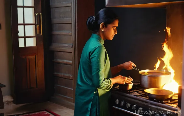 화재안전관리 실무에서의 문제 해결 방법 - **Prompt:** A serene, well-lit kitchen in a traditional South Asian home. A responsible adult, weari...