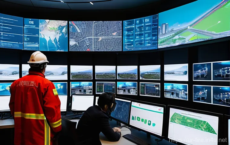 화재안전관리 기술자의 해외 취업 가능성 - **Prompt:** A highly advanced fire safety engineering control room bustling with activity. In the fo...