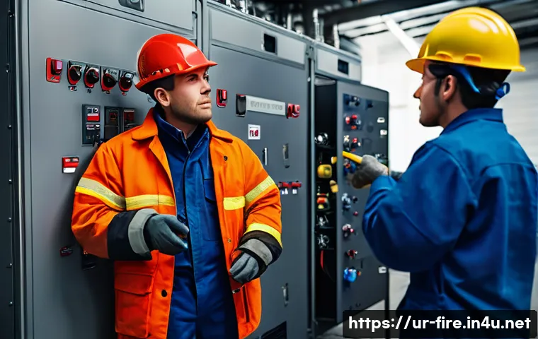 화재안전관리 실무 현장 스토리 공유 - **Prompt 1: "A group of factory workers in safety helmets and work overalls reacting to a small, con...