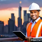 화재안전관리 기술자의 경력 성장 사례 - **Prompt:** A proud male or female fire safety engineer, in their late 30s to early 40s, stands conf...