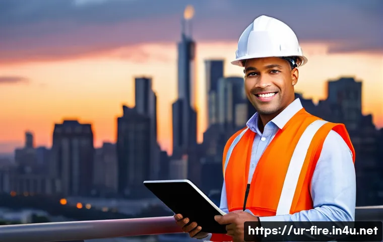 화재안전관리 기술자의 경력 성장 사례 - **Prompt:** A proud male or female fire safety engineer, in their late 30s to early 40s, stands conf...